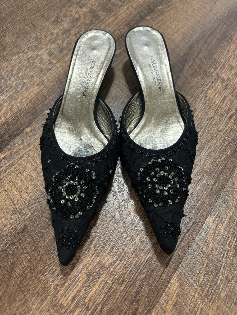 Rare Vintage 90s Dolce & Gabbana Beaded Pointed-Toe Kitten Heels